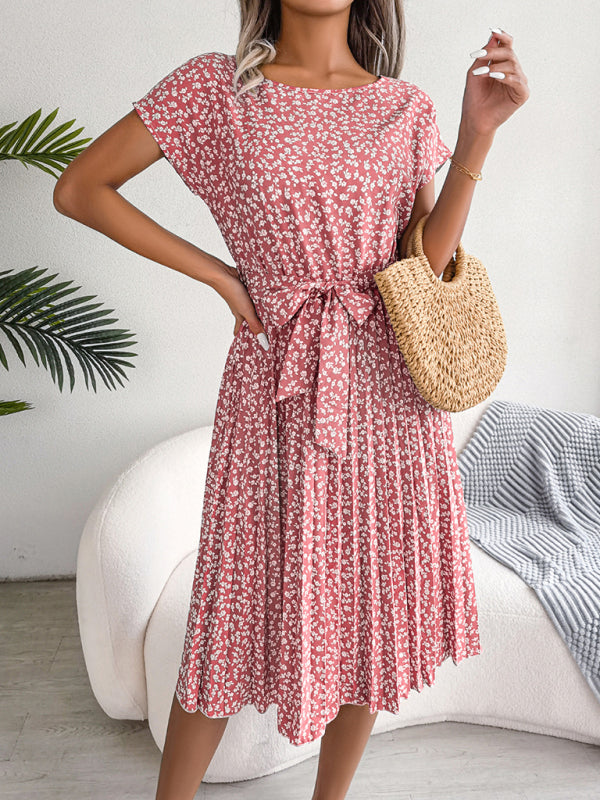 EM | A-Linie Blumenmuster Rundhalsausschnitt Midi-Kleid mit Taillengürtel