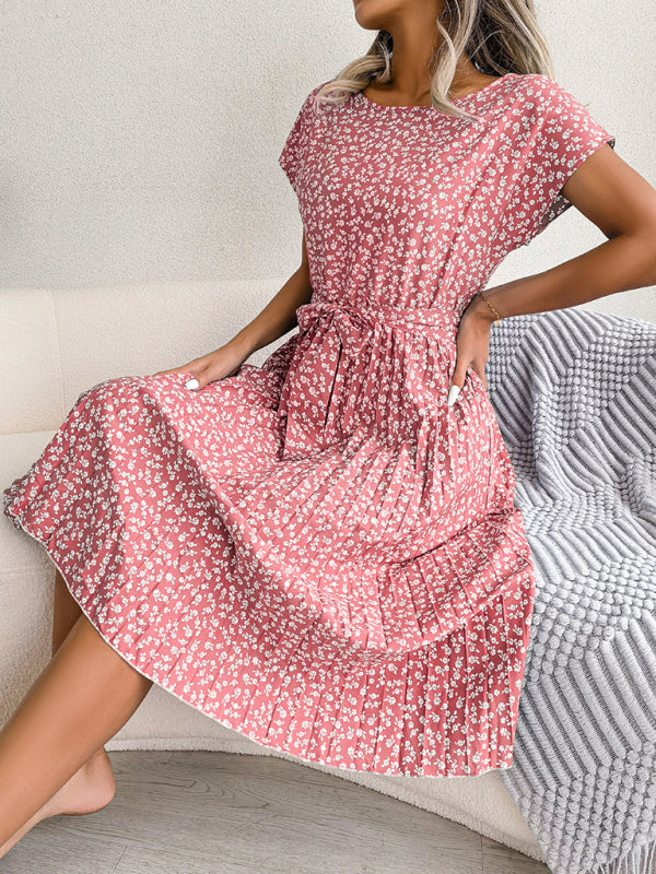 EM | A-Linie Blumenmuster Rundhalsausschnitt Midi-Kleid mit Taillengürtel