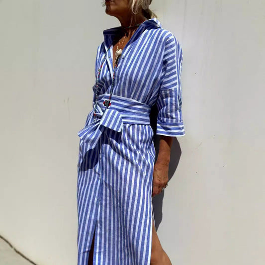 MW | Damen Shirt Kleid - Relaxed Fit - Midi Länge - Button Down - Gestreift