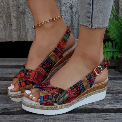 MW | Bedruckte offene Slingback-Keil-Espadrilles Sandalen
