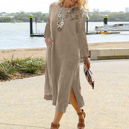 MW | Women's Shirt Dress - Relaxed Fit - Lange Ärmel - Midi Länge - Leichtes Gewebe - Taschen