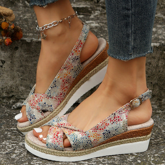MW | Bedruckte offene Slingback-Keil-Espadrilles Sandalen
