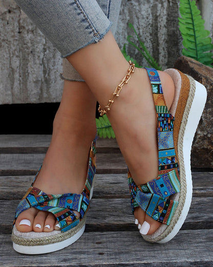 MW | Bedruckte offene Slingback-Keil-Espadrilles Sandalen
