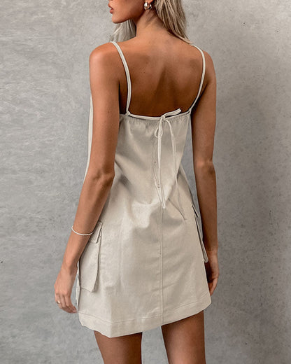 MW | Khaki Leinen Straight Large Pocket Cargo Kleid