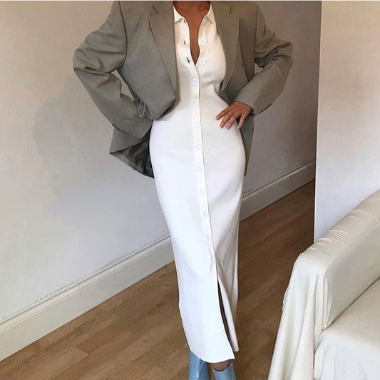 MW | Women's Shirt Dress - Slim Fit - Volle Länge - Button Down - Lange Ärmel Formal Wear