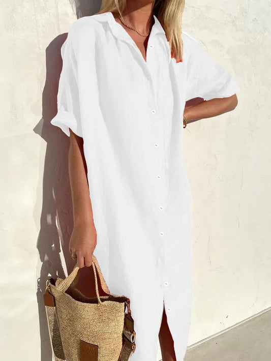 MW | Women's Shirt Dress - Baumwolle-Leinen-Mischung - Relaxed Fit - Button Down - Midi Länge