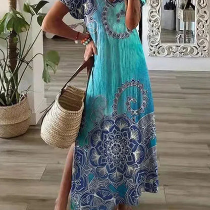 MW | Chic T-Shirt Style Bedrucktes Maxikleid Frauen Rundhalsausschnitt Beiläufiges Sommerurlaubskleid