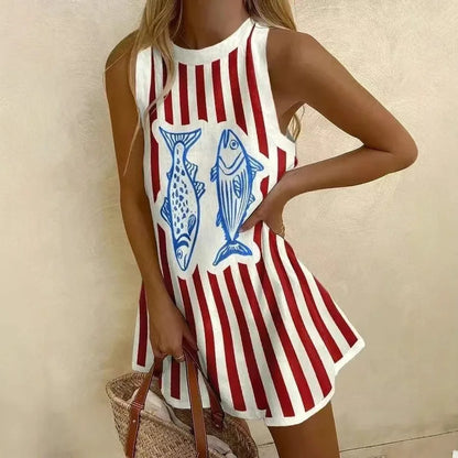 MW | Frauen Puzzle Print Sommerkleid ärmellos über dem Knie Mini Kleid Casual Tank Top Strandkleid für Frauen