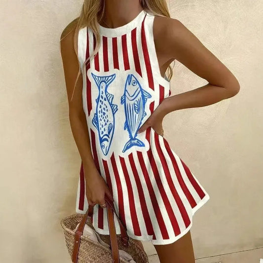 MW | Frauen Puzzle Print Sommerkleid ärmellos über dem Knie Mini Kleid Casual Tank Top Strandkleid für Frauen