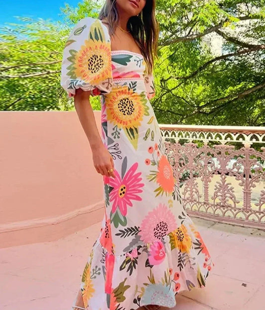 Aria - Swingkleid mit quadratischem Ausschnitt und Laternenärmeln