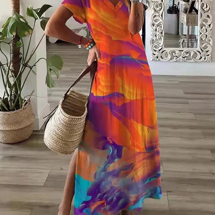 MW | Chic T-Shirt Style Bedrucktes Maxikleid Frauen Rundhalsausschnitt Beiläufiges Sommerurlaubskleid