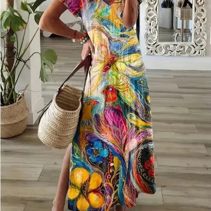 MW | Chic T-Shirt Style Bedrucktes Maxikleid Frauen Rundhalsausschnitt Beiläufiges Sommerurlaubskleid