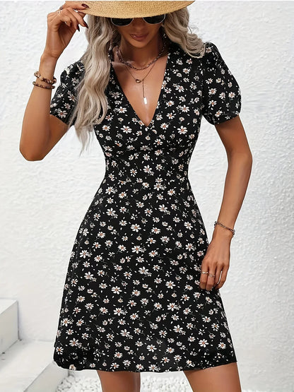 MW | Sommer Frauen Floral Print Mini Kleid V-Ausschnitt Puffärmel Casual Urlaub Kleid für Ausgehen und Party