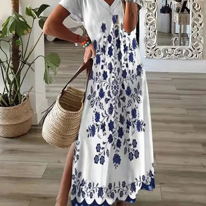 MW | Chic T-Shirt Style Bedrucktes Maxikleid Frauen Rundhalsausschnitt Beiläufiges Sommerurlaubskleid
