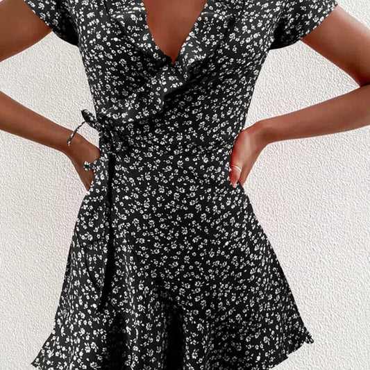 MW | Sommer Damen Floral A-Linie Kleid Elegant Rüschen V-Ausschnitt Minikleid