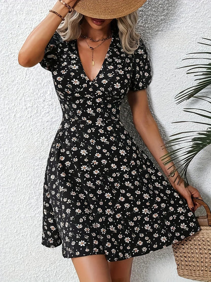 MW | Sommer Frauen Floral Print Mini Kleid V-Ausschnitt Puffärmel Casual Urlaub Kleid für Ausgehen und Party