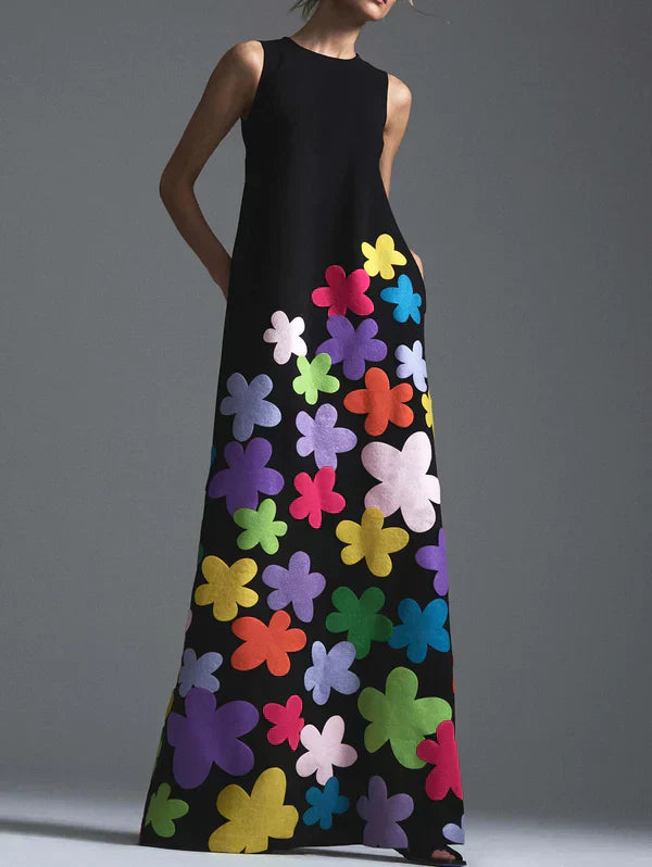 EM | Schwarzes Maxikleid mit Blumendruck und Rundhalsausschnitt