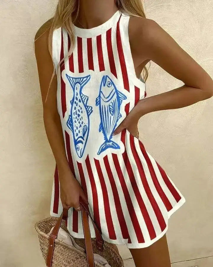 MW | Frauen Puzzle Print Sommerkleid ärmellos über dem Knie Mini Kleid Casual Tank Top Strandkleid für Frauen