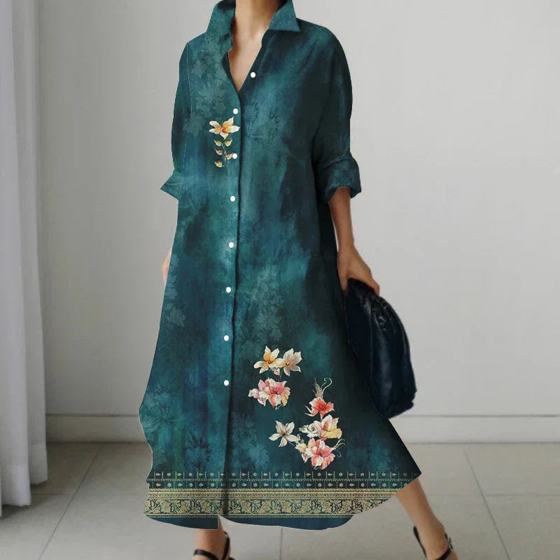 MW | Retro Floral V-Neck Shirt Kleid mit Taschen