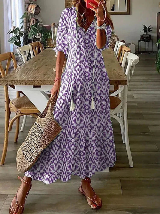 MW | Boho gemustertes Midikleid mit kurzen Ärmeln