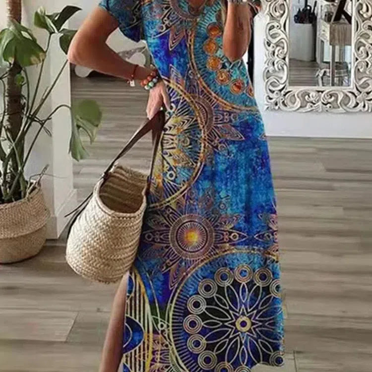 MW | Chic T-Shirt Style Bedrucktes Maxikleid Frauen Rundhalsausschnitt Beiläufiges Sommerurlaubskleid