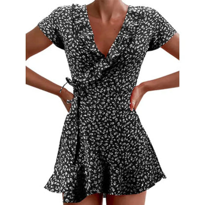 MW | Sommer Damen Floral A-Linie Kleid Elegant Rüschen V-Ausschnitt Minikleid