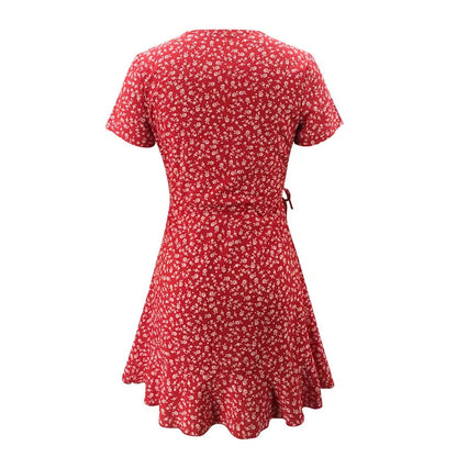 MW | Sommer Damen Floral A-Linie Kleid Elegant Rüschen V-Ausschnitt Minikleid