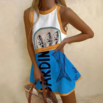 MW | Frauen Puzzle Print Sommerkleid ärmellos über dem Knie Mini Kleid Casual Tank Top Strandkleid für Frauen