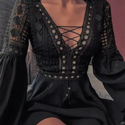 MW | Women's A Line Kleid Kurzes Minikleid Langarm Rüschen V-Ausschnitt