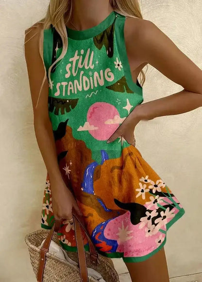 MW | Frauen Puzzle Print Sommerkleid ärmellos über dem Knie Mini Kleid Casual Tank Top Strandkleid für Frauen
