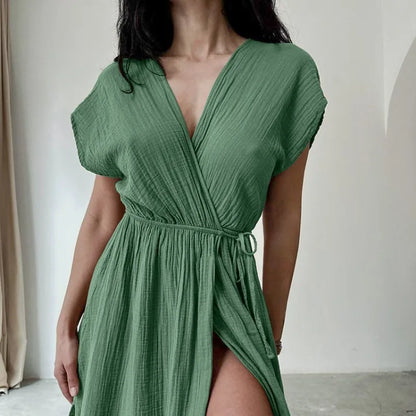 MW | Maxikleid mit V-Ausschnitt und kurzen Ärmeln