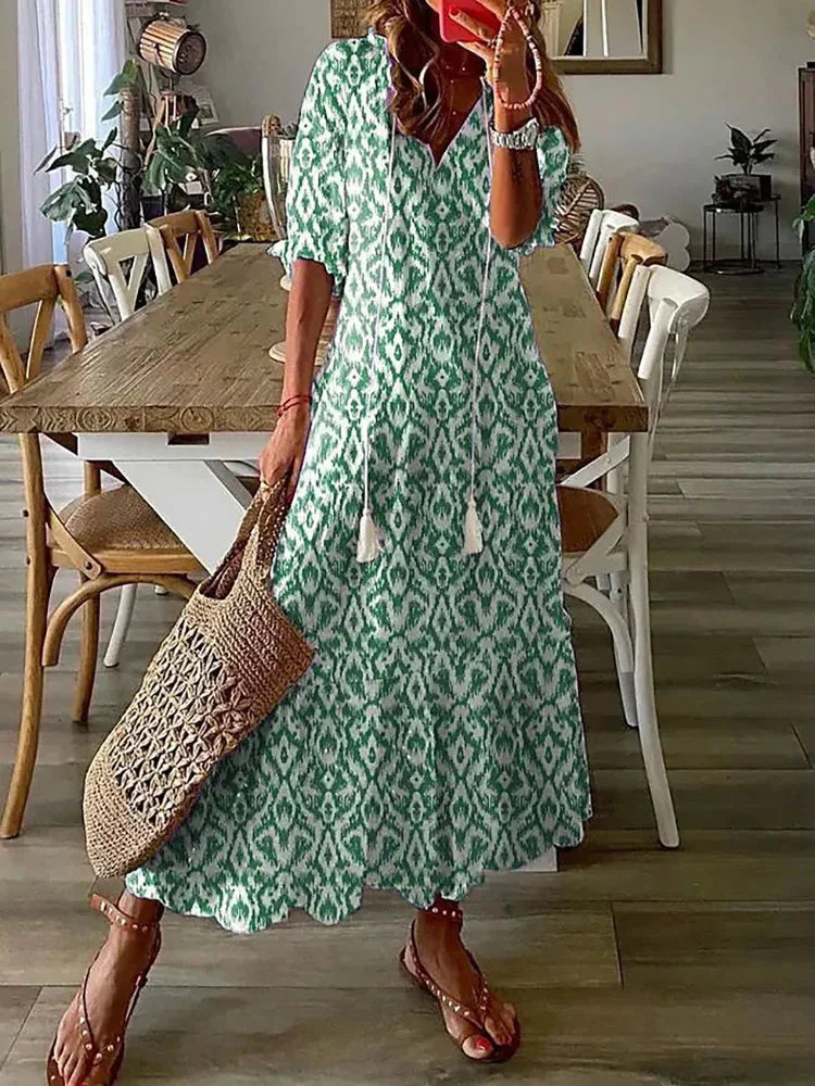 MW | Boho gemustertes Midikleid mit kurzen Ärmeln