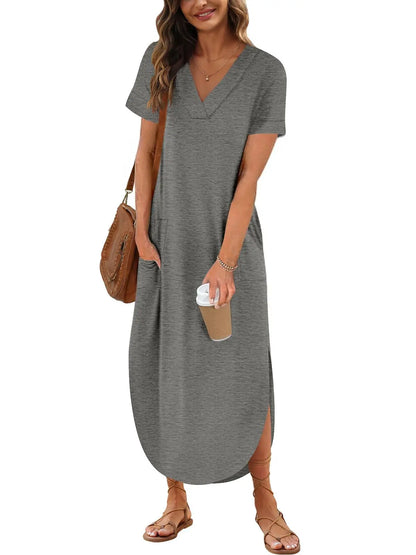 Anita - Lässiges Baumwoll-Leinen-Kleid mit V-Ausschnitt