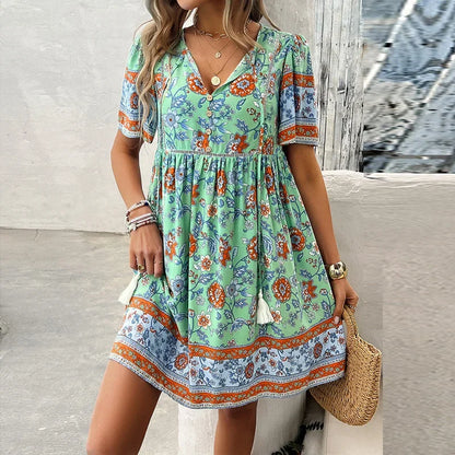 MW | Ariana™ Florales Boho-Minikleid mit V-Ausschnitt