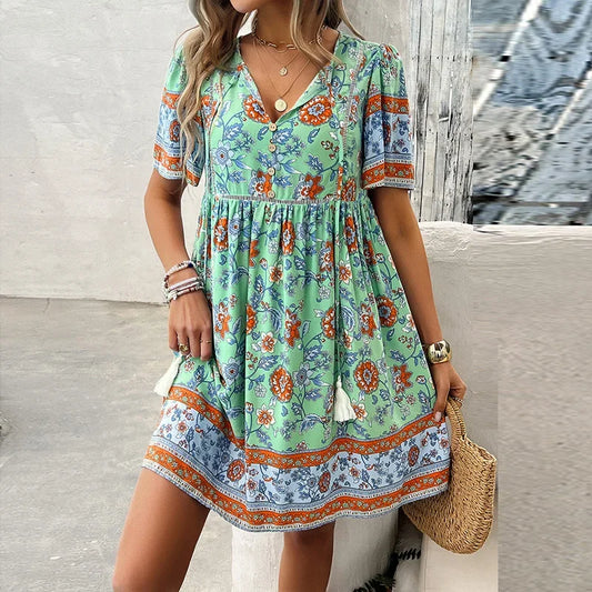 MW | Ariana™ Florales Boho-Minikleid mit V-Ausschnitt
