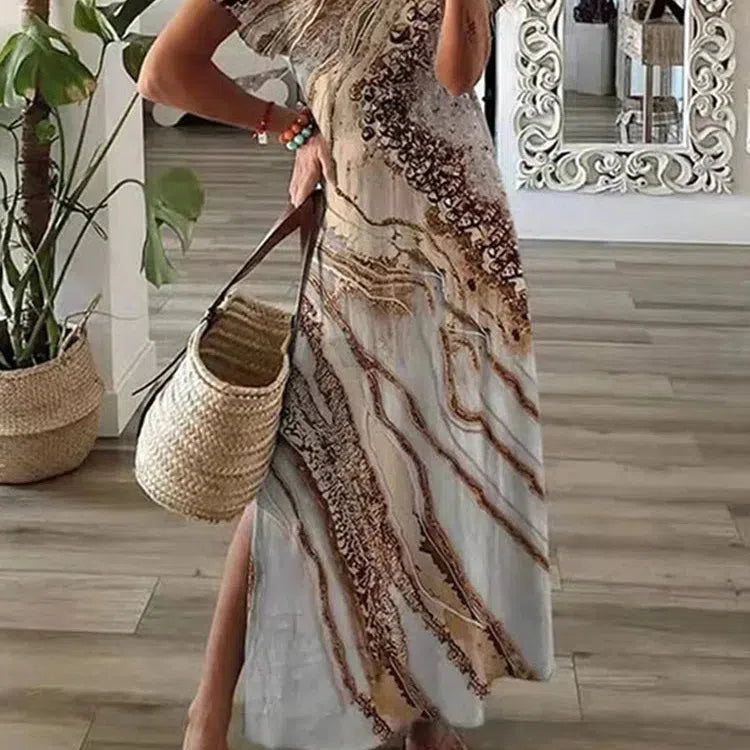 MW | Chic T-Shirt Style Bedrucktes Maxikleid Frauen Rundhalsausschnitt Beiläufiges Sommerurlaubskleid