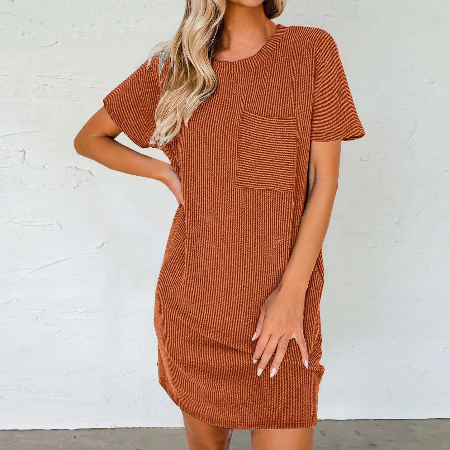 MW | Sommer T Shirt Einfarbig Rundhalsausschnitt Kurzärmlig Lässig Tasche Lose Gestreift Bedrucktes Kleid