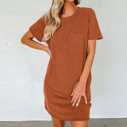 MW | Sommer T Shirt Einfarbig Rundhalsausschnitt Kurzärmlig Lässig Tasche Lose Gestreift Bedrucktes Kleid