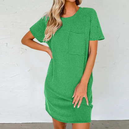 MW | Sommer T Shirt Einfarbig Rundhalsausschnitt Kurzärmlig Lässig Tasche Lose Gestreift Bedrucktes Kleid