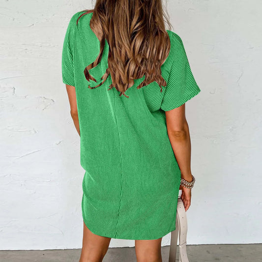 MW | Sommer T Shirt Einfarbig Rundhalsausschnitt Kurzärmlig Lässig Tasche Lose Gestreift Bedrucktes Kleid