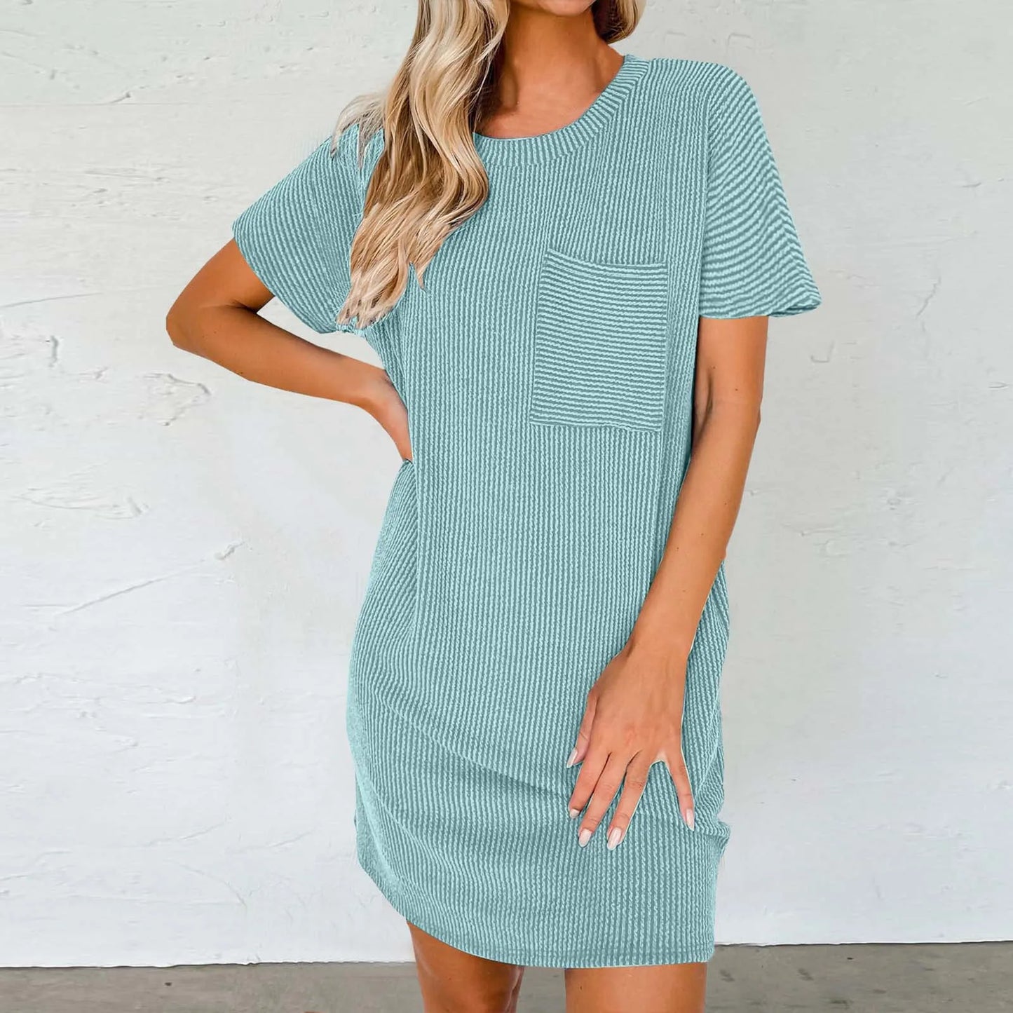 MW | Sommer T Shirt Einfarbig Rundhalsausschnitt Kurzärmlig Lässig Tasche Lose Gestreift Bedrucktes Kleid