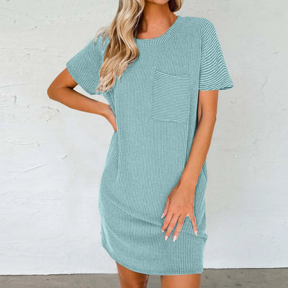 MW | Sommer T Shirt Einfarbig Rundhalsausschnitt Kurzärmlig Lässig Tasche Lose Gestreift Bedrucktes Kleid
