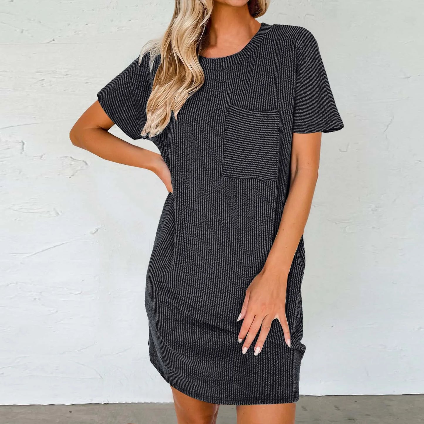 MW | Sommer T Shirt Einfarbig Rundhalsausschnitt Kurzärmlig Lässig Tasche Lose Gestreift Bedrucktes Kleid