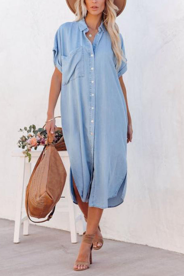 MW | Mode Solide Farbe Denim Kurzarm Langer Schlitz Shirt Kleid