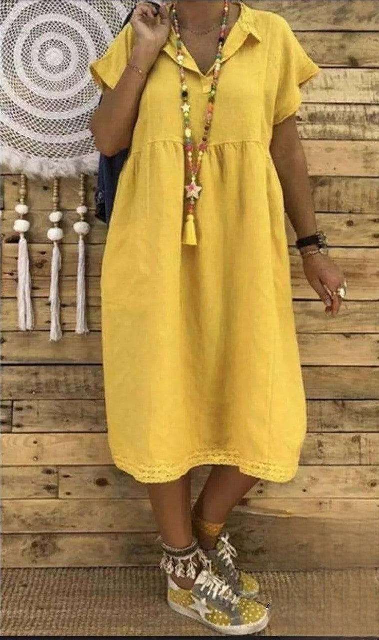EM | Kurzärmeliges Midikleid aus Baumwolle und Leinen, Übergrößen für Damen