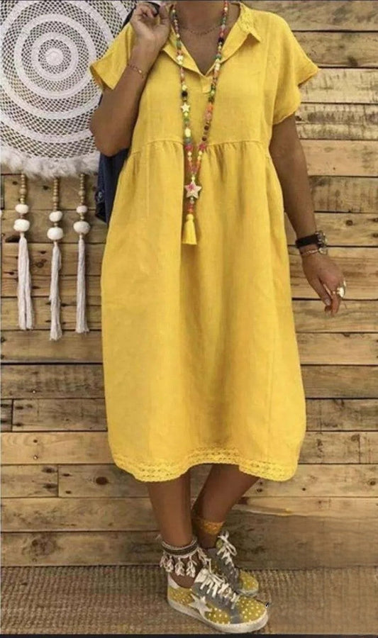 EM | Kurzärmeliges Midikleid aus Baumwolle und Leinen, Übergrößen für Damen