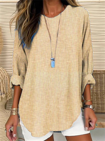EM | Damen Retro-Gestreiftes Locker Geschnittenes Langarmshirt mit Rundhalsausschnitt