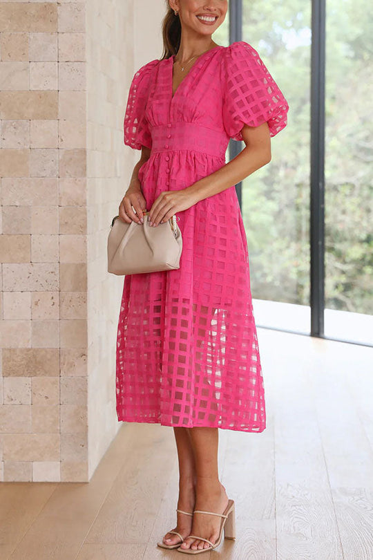 MW | Remarkable Beauty Quadratisch Gemusterter Stoff Puffärmel Party Midi Kleid