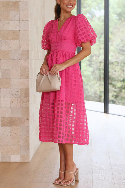 MW | Remarkable Beauty Quadratisch Gemusterter Stoff Puffärmel Party Midi Kleid