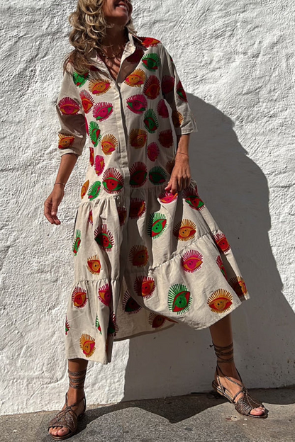 MW | Take Me To Cabo Ethnische Einzigartiger Druck Knopf Lose Shirt Midi Kleid